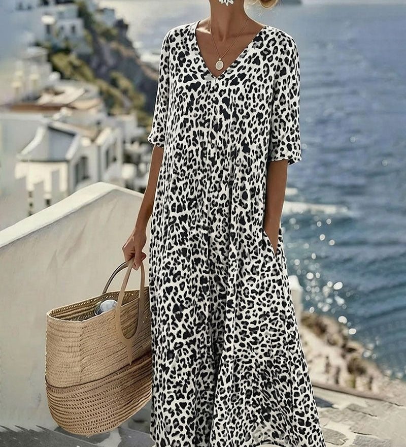 Široka Haljina sa Leopard Printom i V Izrezom