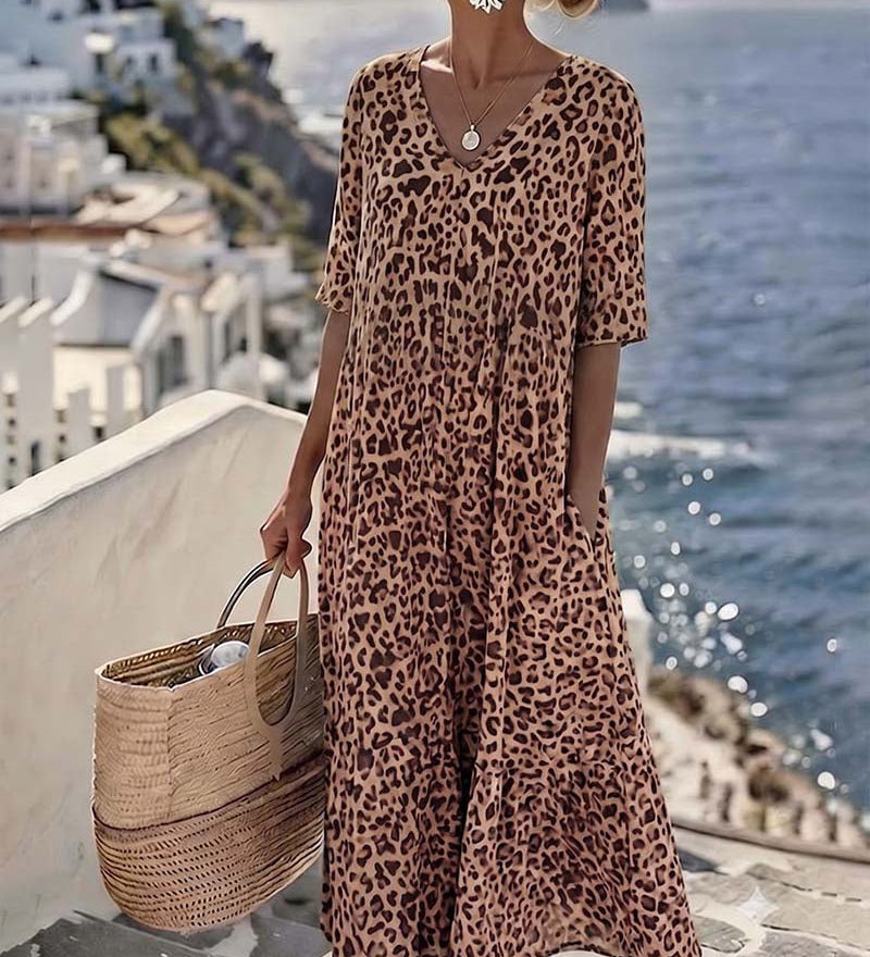 Široka Haljina sa Leopard Printom i V Izrezom